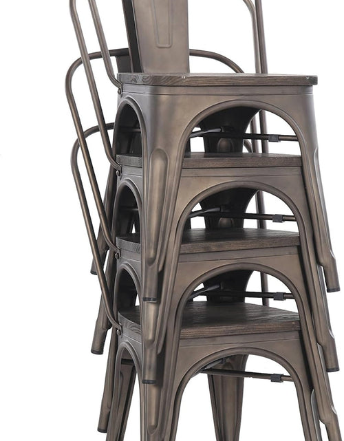 Load image into Gallery viewer, Metal Dining Chairs, Indoor/Outdoor and Stackable, Set of 4 (Bronze with Wooden Seat)