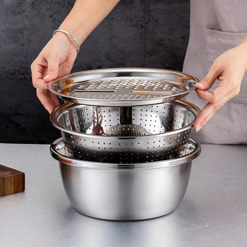 KitchenPro 3-in-1 Stainless Steel Drain Basket – Multifunctional Colander, Vegetable Slicer &amp; Grater for Effortless Food Prep