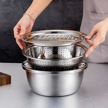 KitchenPro 3-in-1 Stainless Steel Drain Basket – Multifunctional Colander, Vegetable Slicer & Grater for Effortless Food Prep
