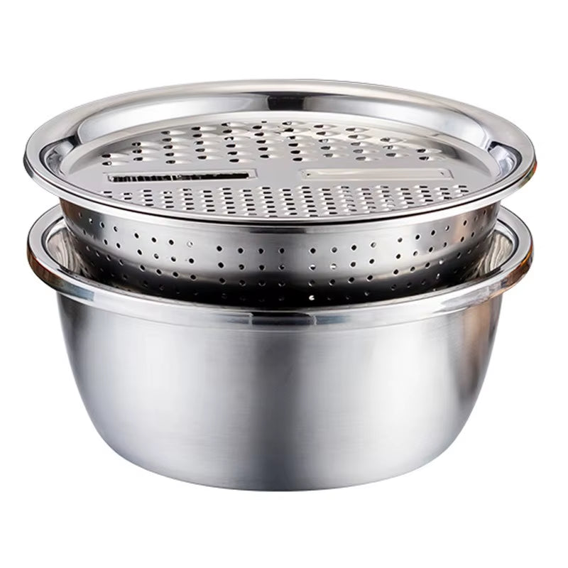 KitchenPro 3-in-1 Stainless Steel Drain Basket – Multifunctional Colander, Vegetable Slicer &amp; Grater for Effortless Food Prep