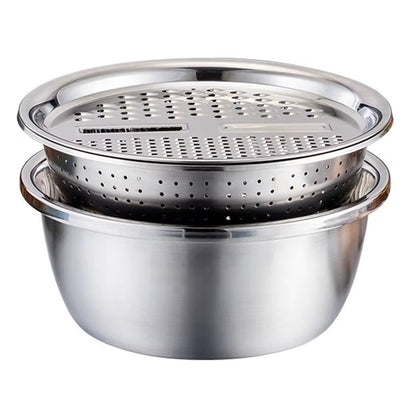 KitchenPro 3-in-1 Stainless Steel Drain Basket – Multifunctional Colander, Vegetable Slicer &amp; Grater for Effortless Food Prep