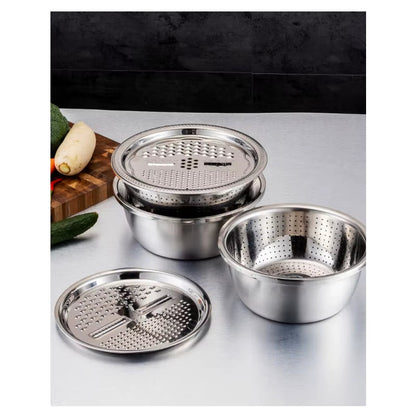KitchenPro 3-in-1 Stainless Steel Drain Basket – Multifunctional Colander, Vegetable Slicer &amp; Grater for Effortless Food Prep