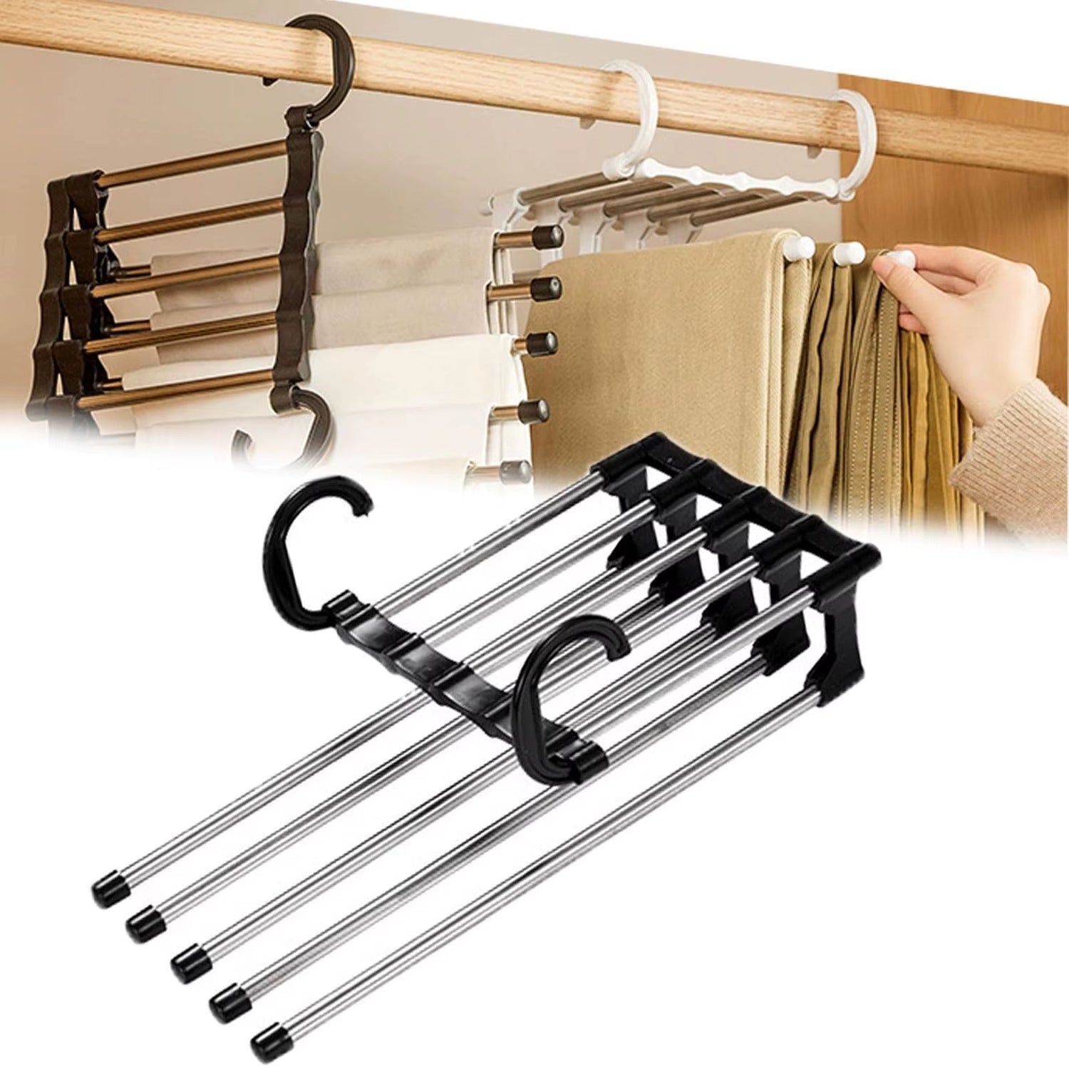 MaxiRack 5-in-1 Magic Trouser Rack – Stainless Steel Folding Pant &amp; Tie Organizer for Closet &amp; Wardrobe Storage