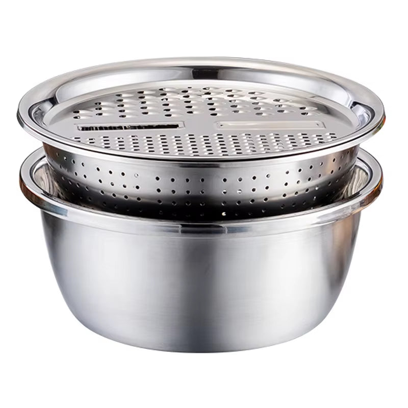 KitchenPro 3-in-1 Stainless Steel Drain Basket – Multifunctional Colander, Vegetable Slicer &amp; Grater for Effortless Food Prep