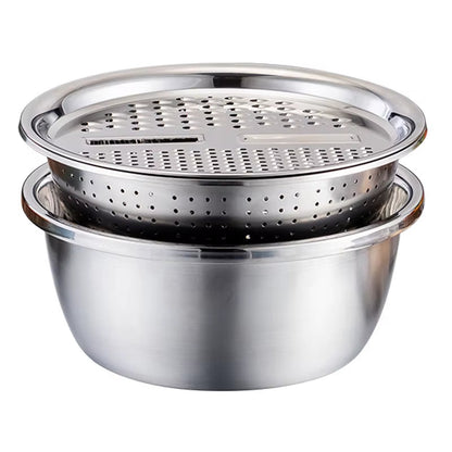 KitchenPro 3-in-1 Stainless Steel Drain Basket – Multifunctional Colander, Vegetable Slicer &amp; Grater for Effortless Food Prep