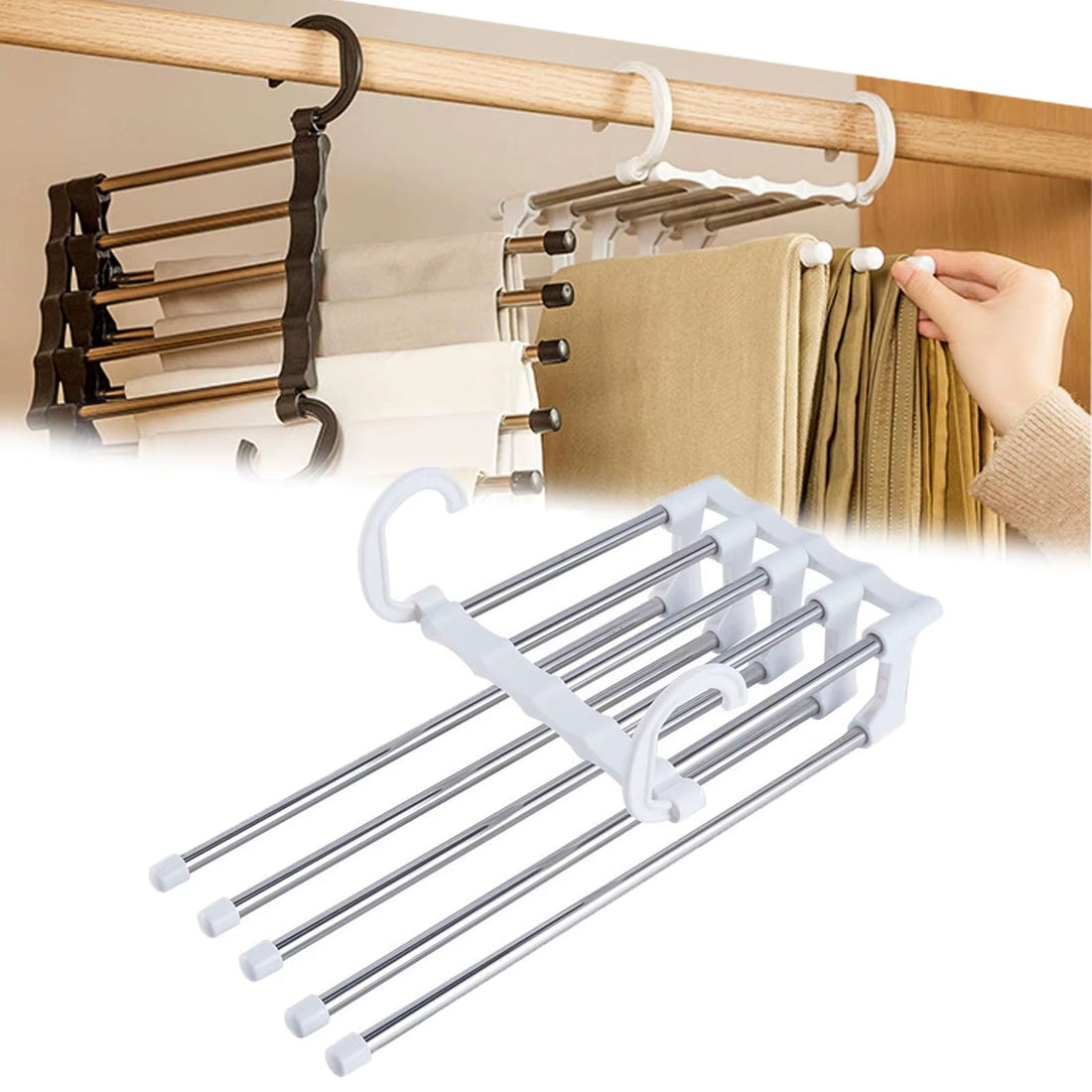 MaxiRack 5-in-1 Magic Trouser Rack – Stainless Steel Folding Pant &amp; Tie Organizer for Closet &amp; Wardrobe Storage