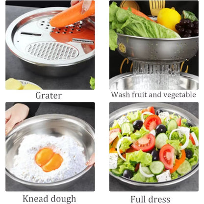 KitchenPro 3-in-1 Stainless Steel Drain Basket – Multifunctional Colander, Vegetable Slicer &amp; Grater for Effortless Food Prep