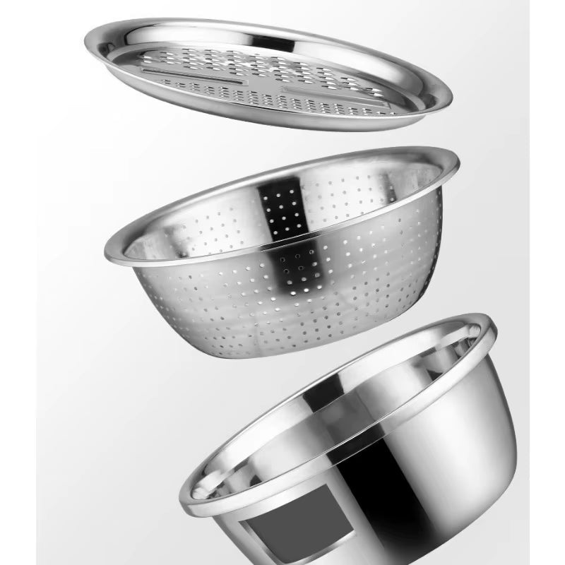 KitchenPro 3-in-1 Stainless Steel Drain Basket – Multifunctional Colander, Vegetable Slicer &amp; Grater for Effortless Food Prep