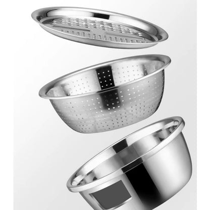 KitchenPro 3-in-1 Stainless Steel Drain Basket – Multifunctional Colander, Vegetable Slicer &amp; Grater for Effortless Food Prep