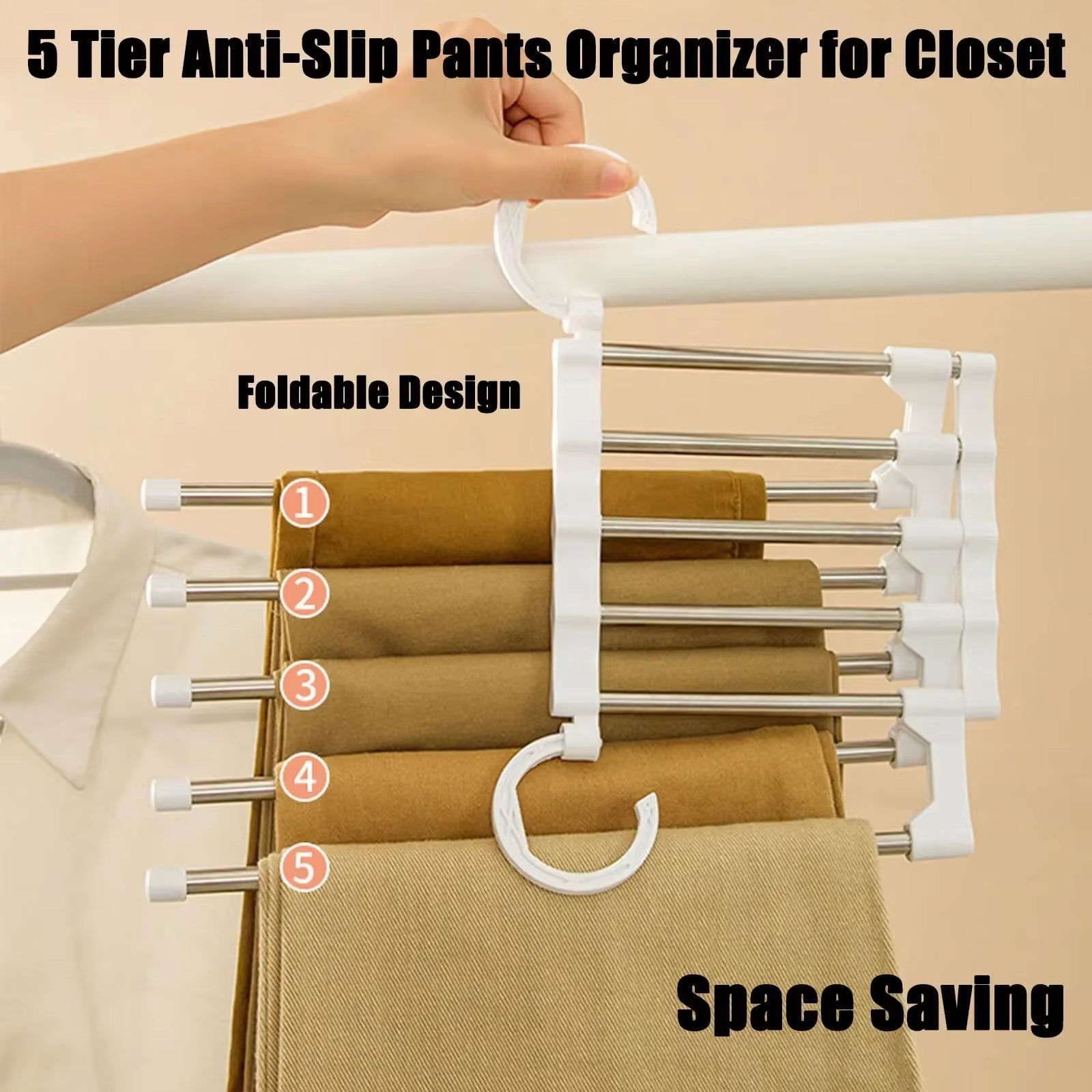 MaxiRack 5-in-1 Magic Trouser Rack – Stainless Steel Folding Pant &amp; Tie Organizer for Closet &amp; Wardrobe Storage