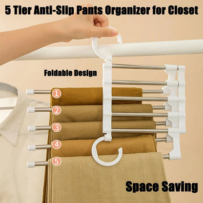 MaxiRack 5-in-1 Magic Trouser Rack – Stainless Steel Folding Pant &amp; Tie Organizer for Closet &amp; Wardrobe Storage