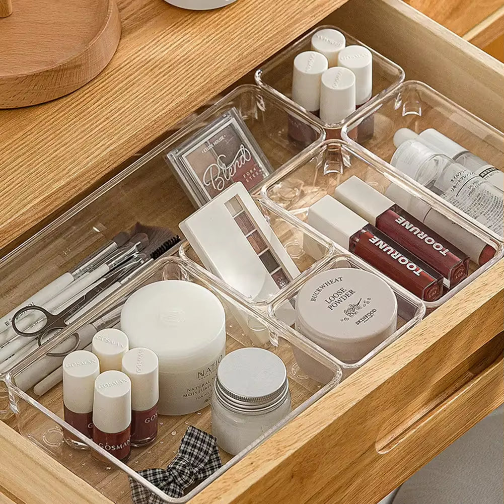 ClearNest Organizer – Transparent Anti-Scratch Drawer Storage Box for Cosmetics, Office &amp; Home