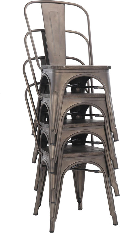 Metal Dining Chairs, Indoor/Outdoor and Stackable, Set of 4 (Bronze with Wooden Seat)