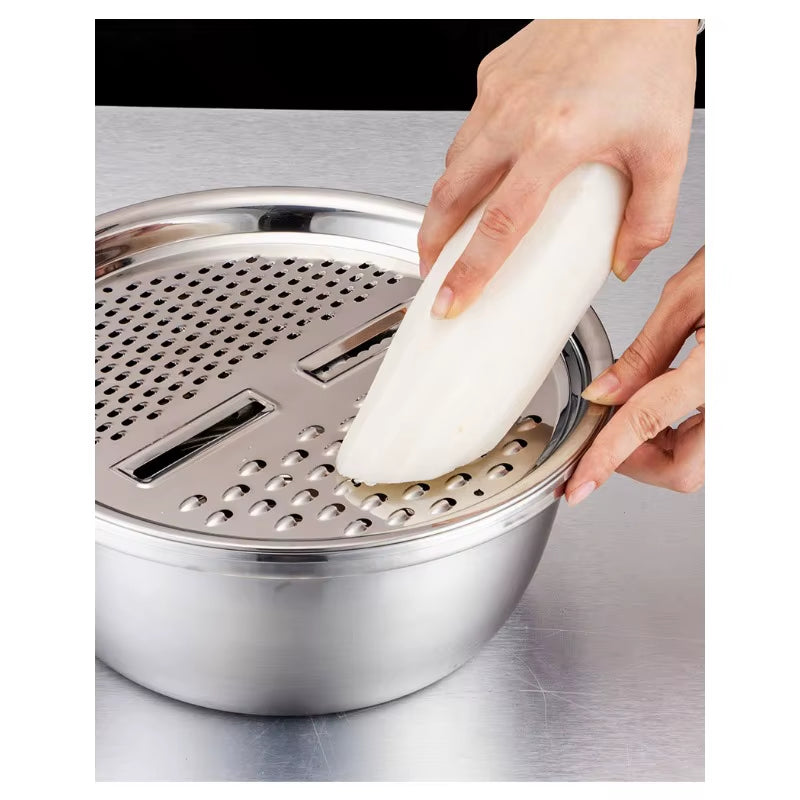 KitchenPro 3-in-1 Stainless Steel Drain Basket – Multifunctional Colander, Vegetable Slicer &amp; Grater for Effortless Food Prep
